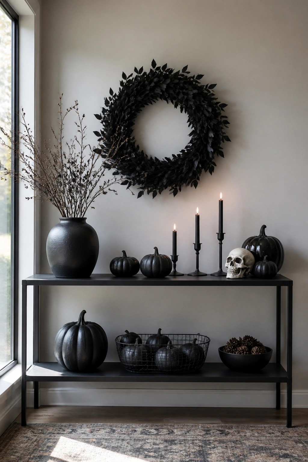 Black console table in an entryway styled with matte black pumpkins, a white skull, black candles, and a dark leaf wreath on the wall above.