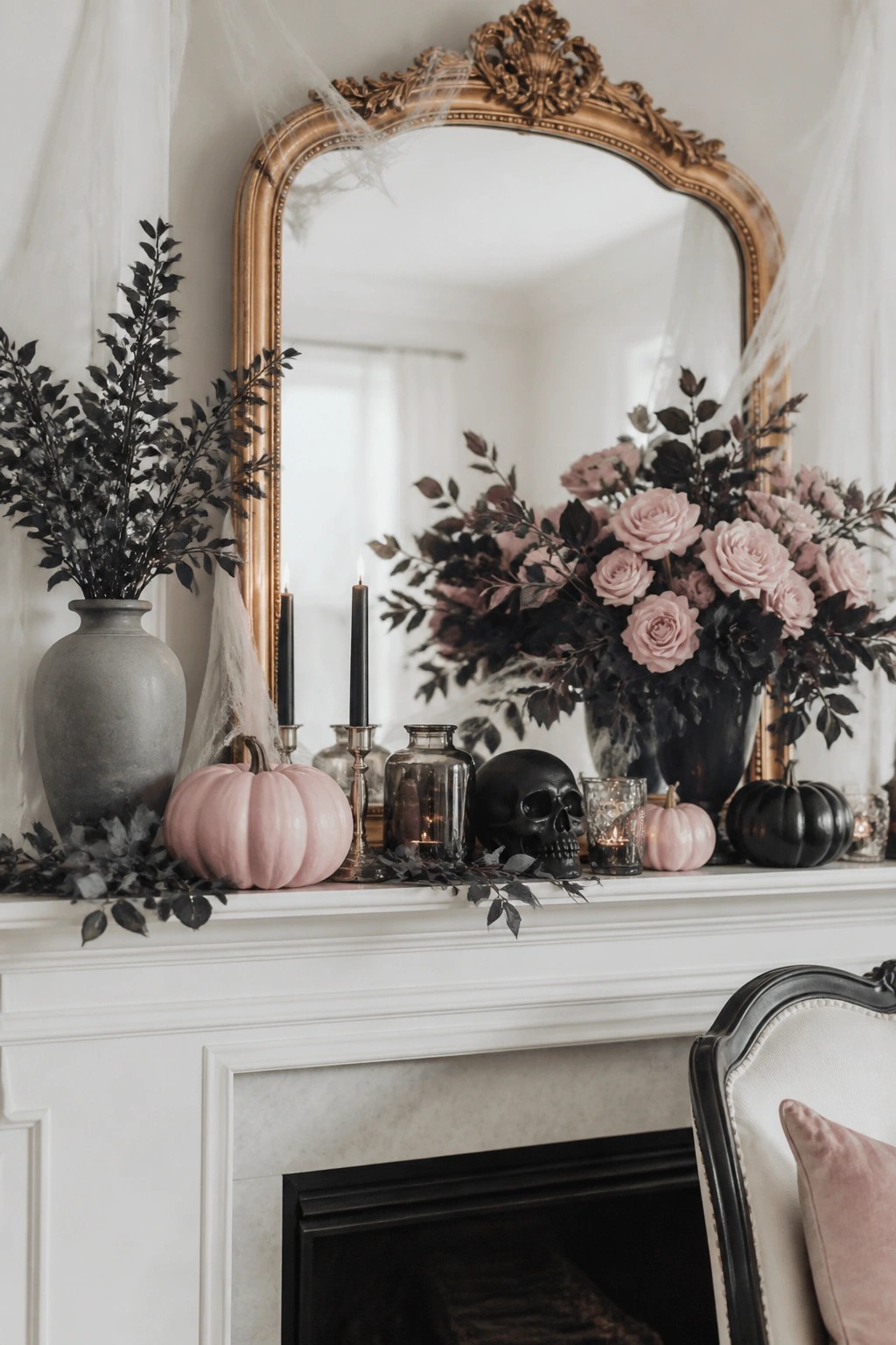 White fireplace mantel styled for Halloween with pink pumpkins, a black skull, black candles, dark floral arrangements, and spiderweb accents.