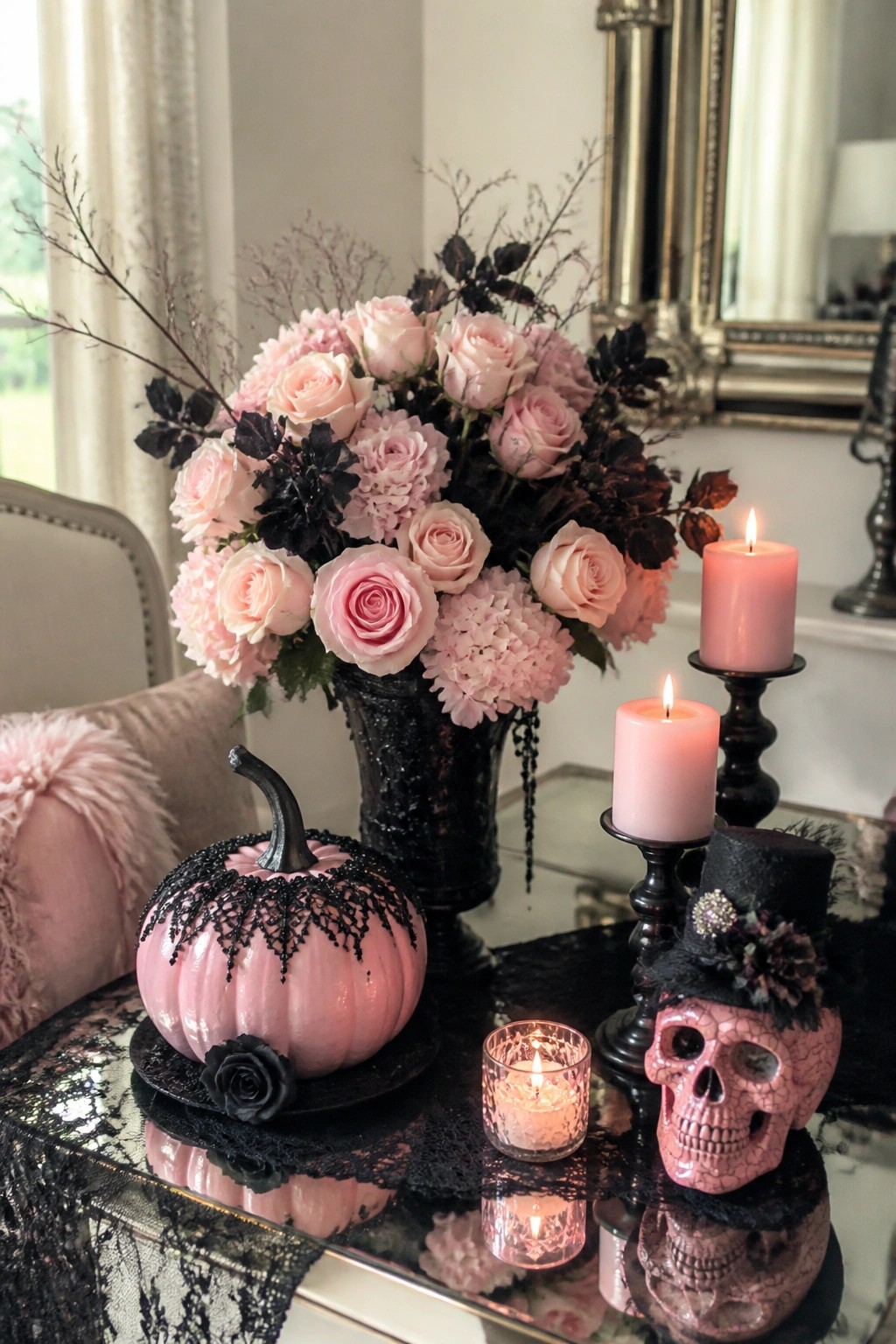 Pink skull with top hat and lace-trimmed pink pumpkin arranged on a mirrored tabletop with candles and dark flowers.