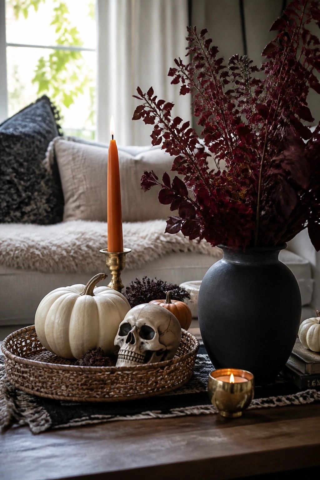 Autumn table with white pumpkins, skull, orange candle, and dark red foliage vase