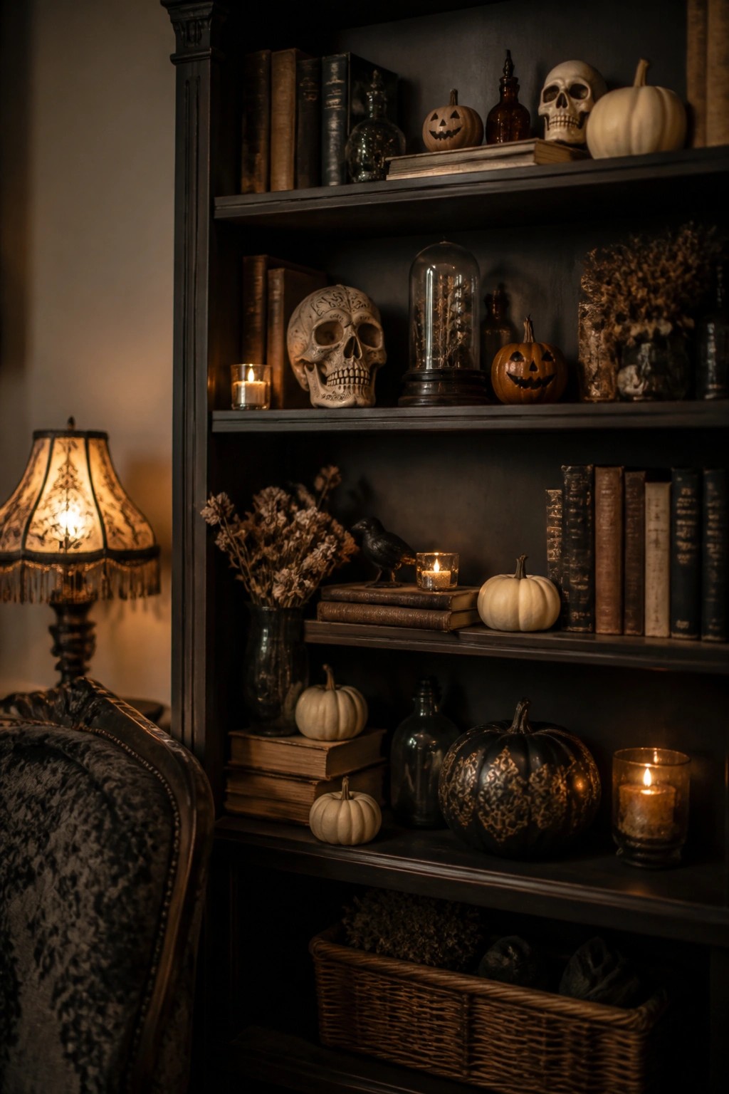 Dark wooden bookshelf arranged with skulls, carved jack-o'-lanterns, old books, and lit candles.