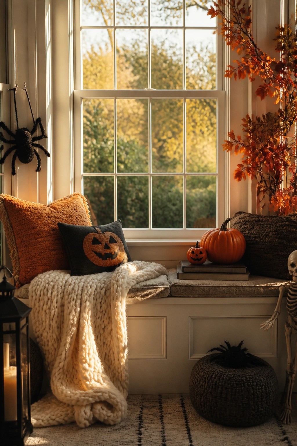 Window seat with a jack o lantern pillow, two pumpkins, a black spider accent, and a decorative skeleton beside the bench.