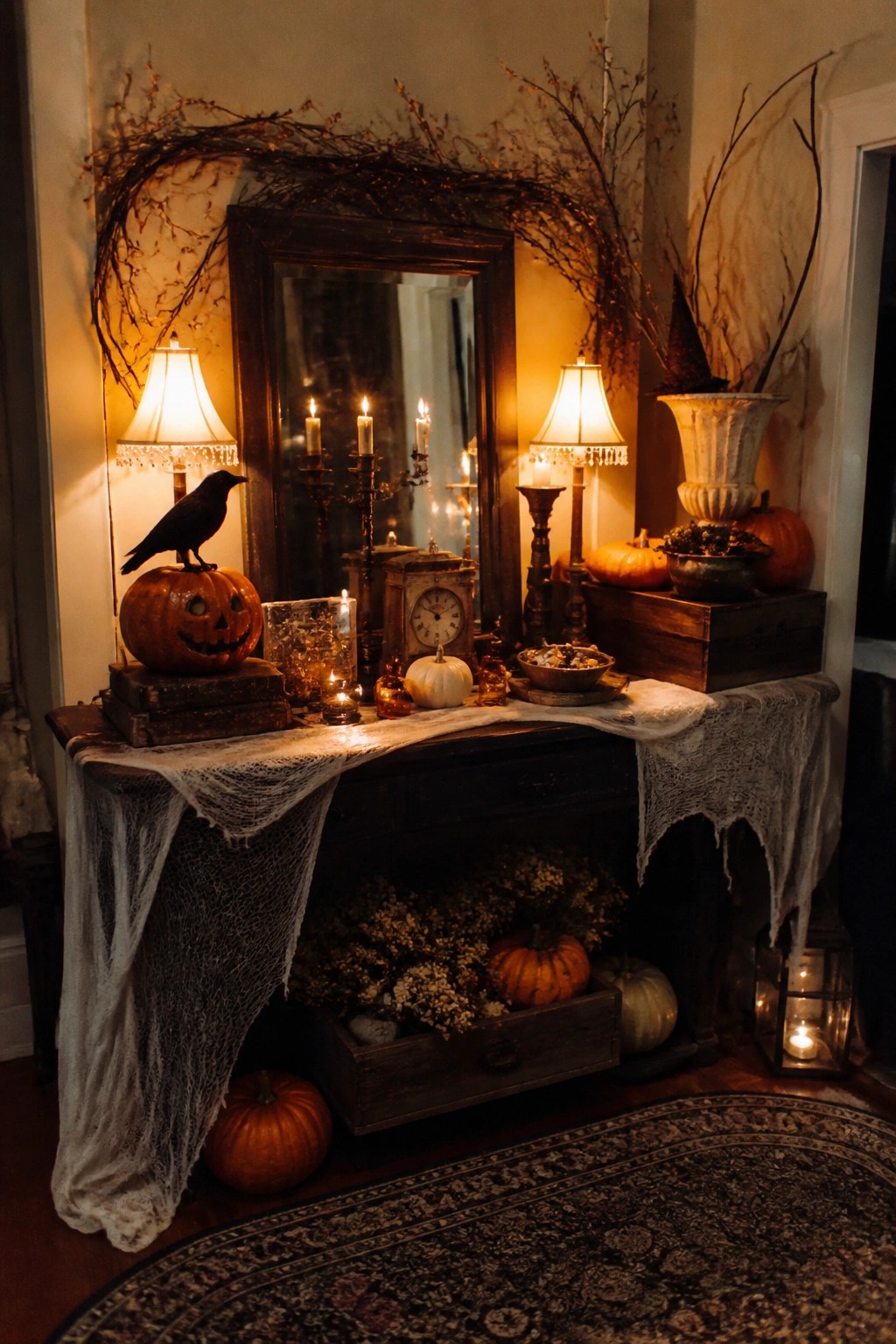 Dark wooden console in an entryway styled with carved jack o lanterns, a black crow, candles, and a lace runner.