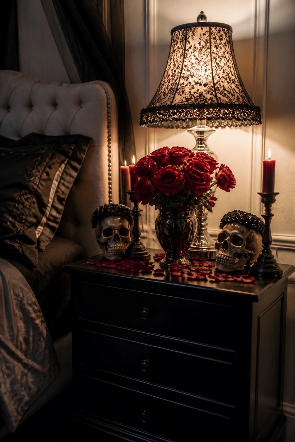 Bedroom nightstand holding two decorative skulls with flower crowns, a vase of red roses, and lit red candles beside a tufted bed.