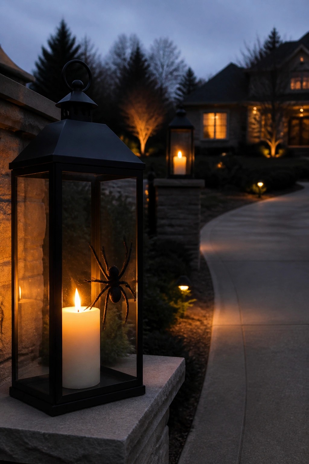Black lantern with lit candle and large spider on glass at twilight
