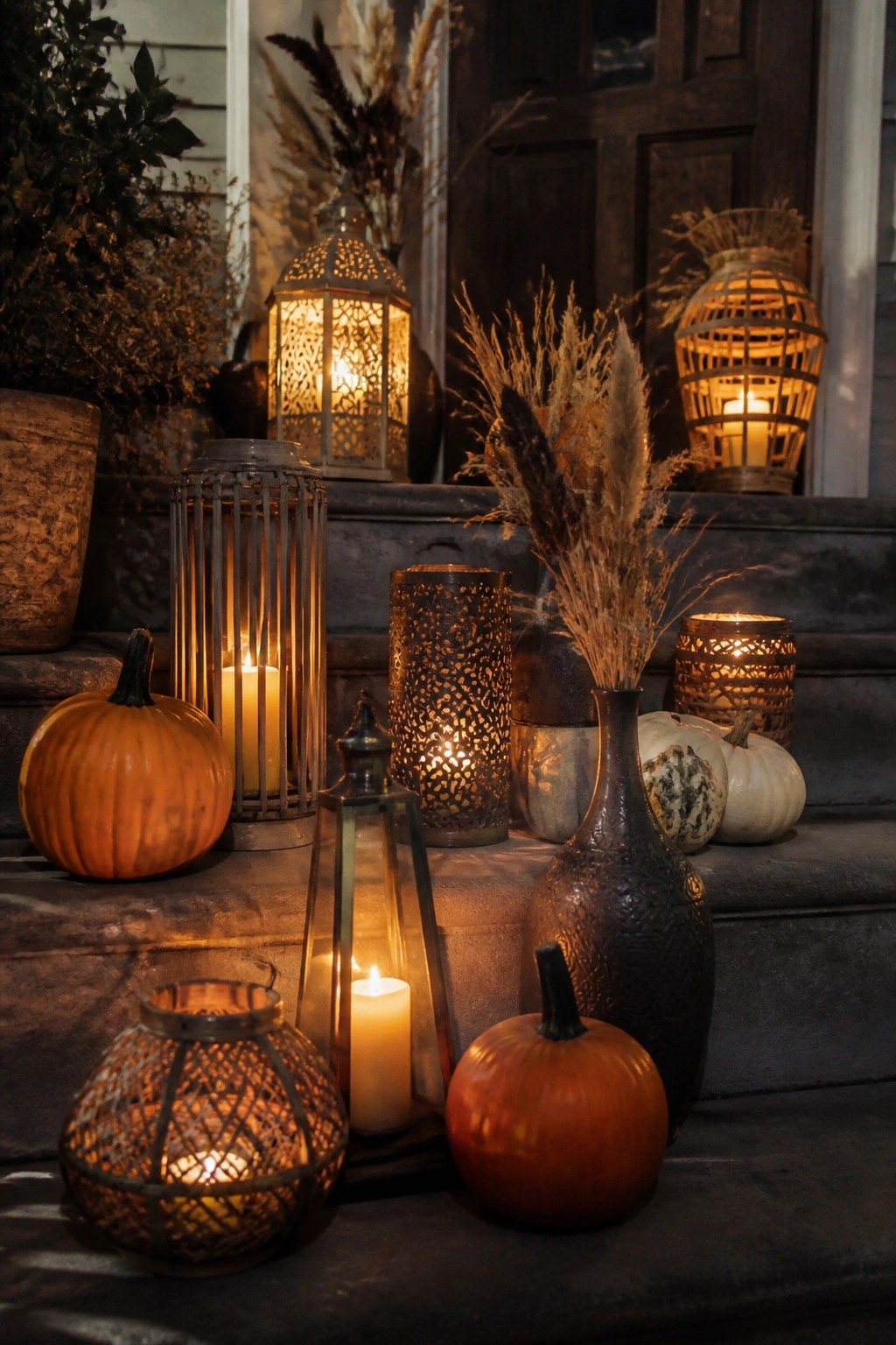 Stone front porch steps lined with several glowing metal lanterns of different styles and a few orange and white pumpkins at night.