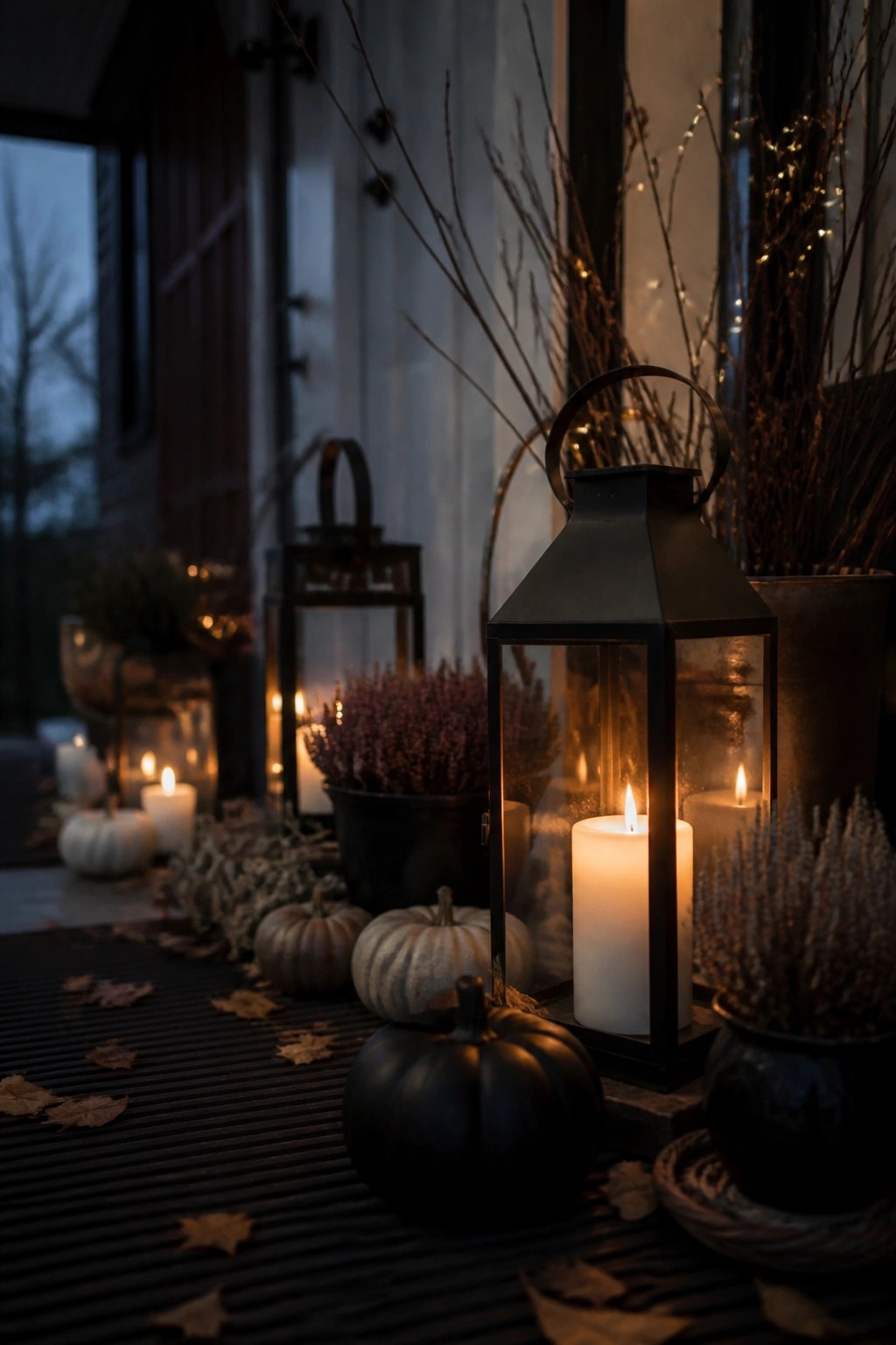 Glowing lantern with candle amid pumpkins, dried plants, and autumn leaves at night