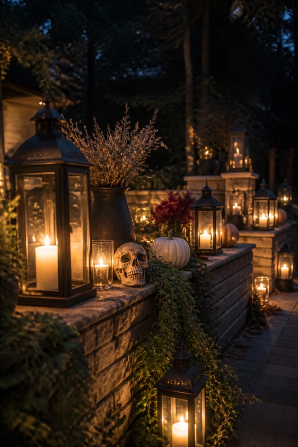 Glowing lanterns, skull, and white pumpkin on ivy-covered stone ledge at night