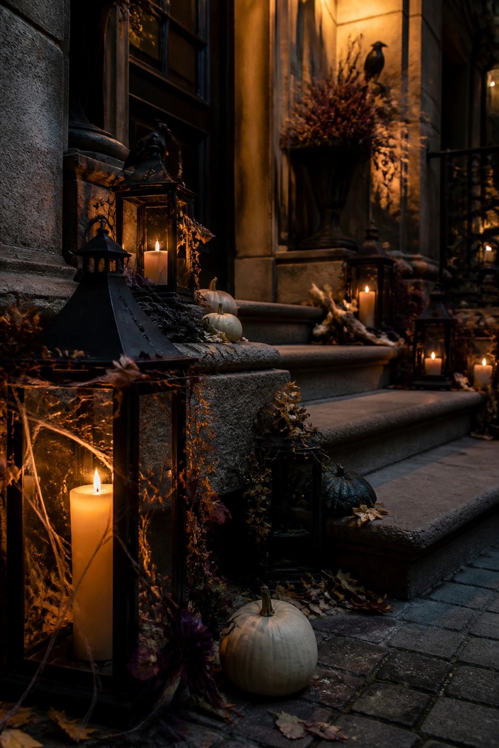 Stone porch steps lined with multiple black metal lanterns holding lit candles, along with white and dark pumpkins and a few black bird figures.