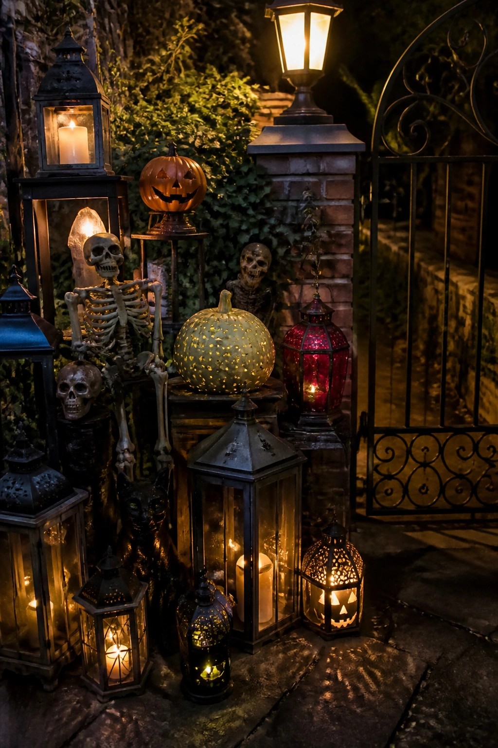 Outdoor gate area at night decorated with multiple lit lanterns of different sizes and styles, along with skeletons and pumpkins on stone steps.