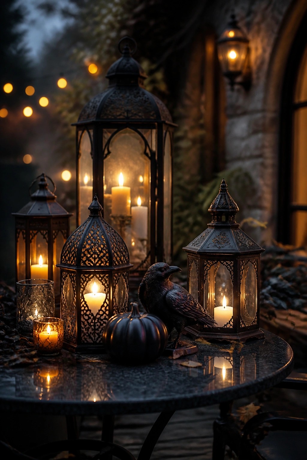Ornate black lanterns with candles, raven, and pumpkin on marble table at night