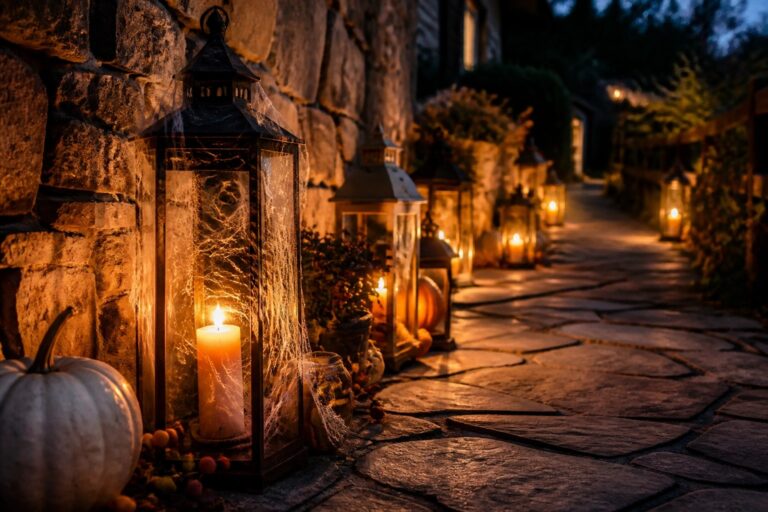 A stone outdoor walkway lined with black lanterns and carved pumpkins glowing from candles at night.