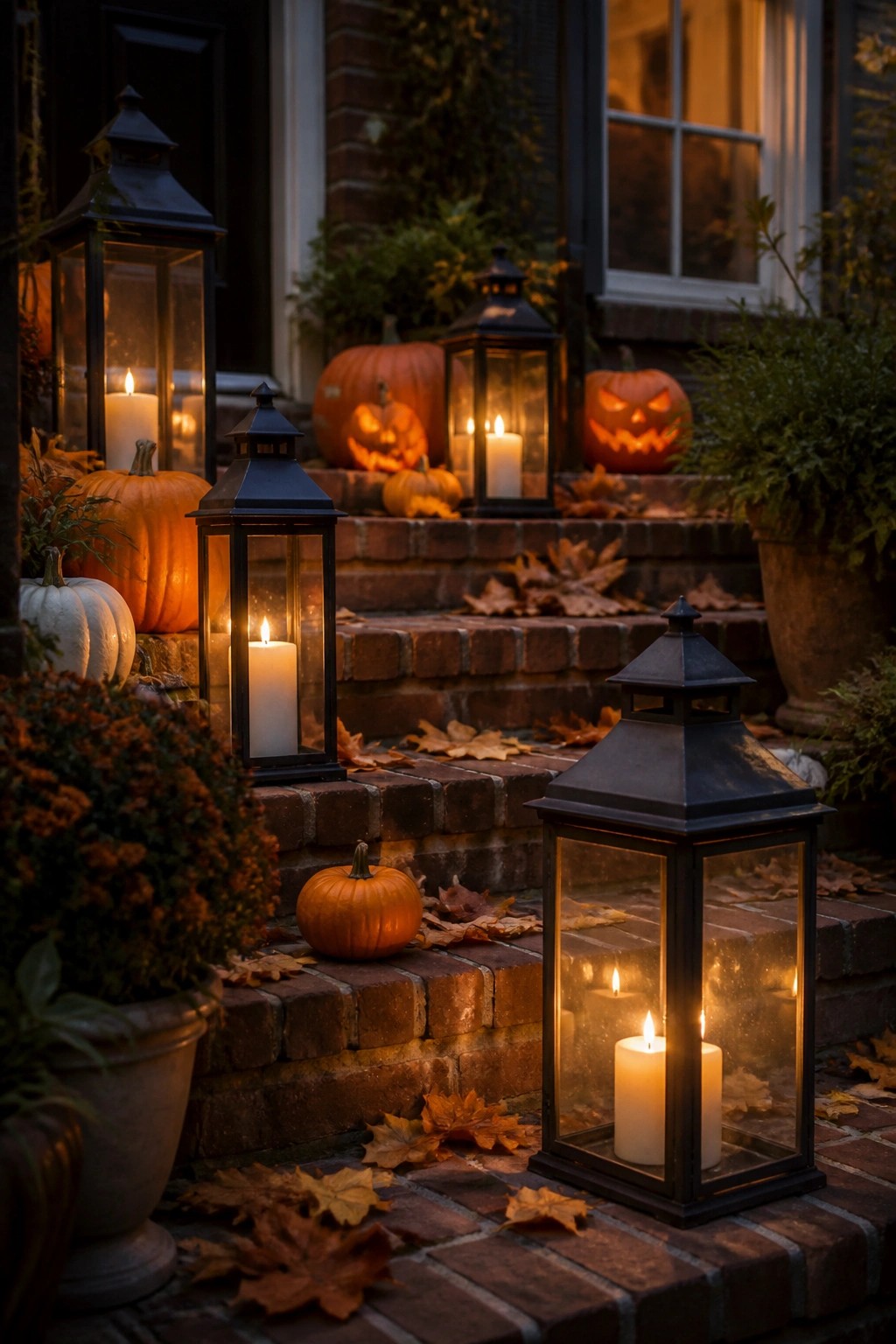Lit lanterns and carved pumpkins on leaf-covered brick steps at dusk