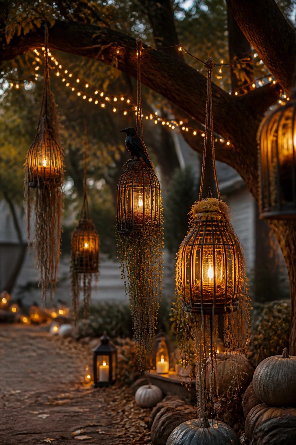 Hanging glowing lanterns and birdcages with crow amid pumpkins under string lights