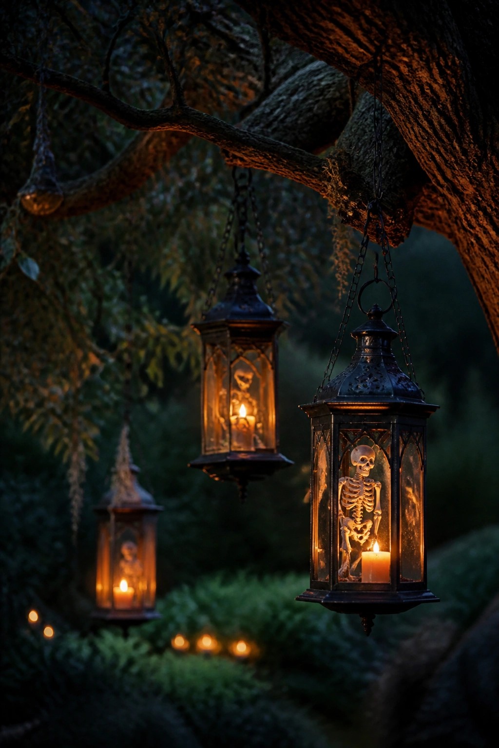 Several dark metal lanterns hanging from tree branches at night, each containing a small skeleton and a lit candle.