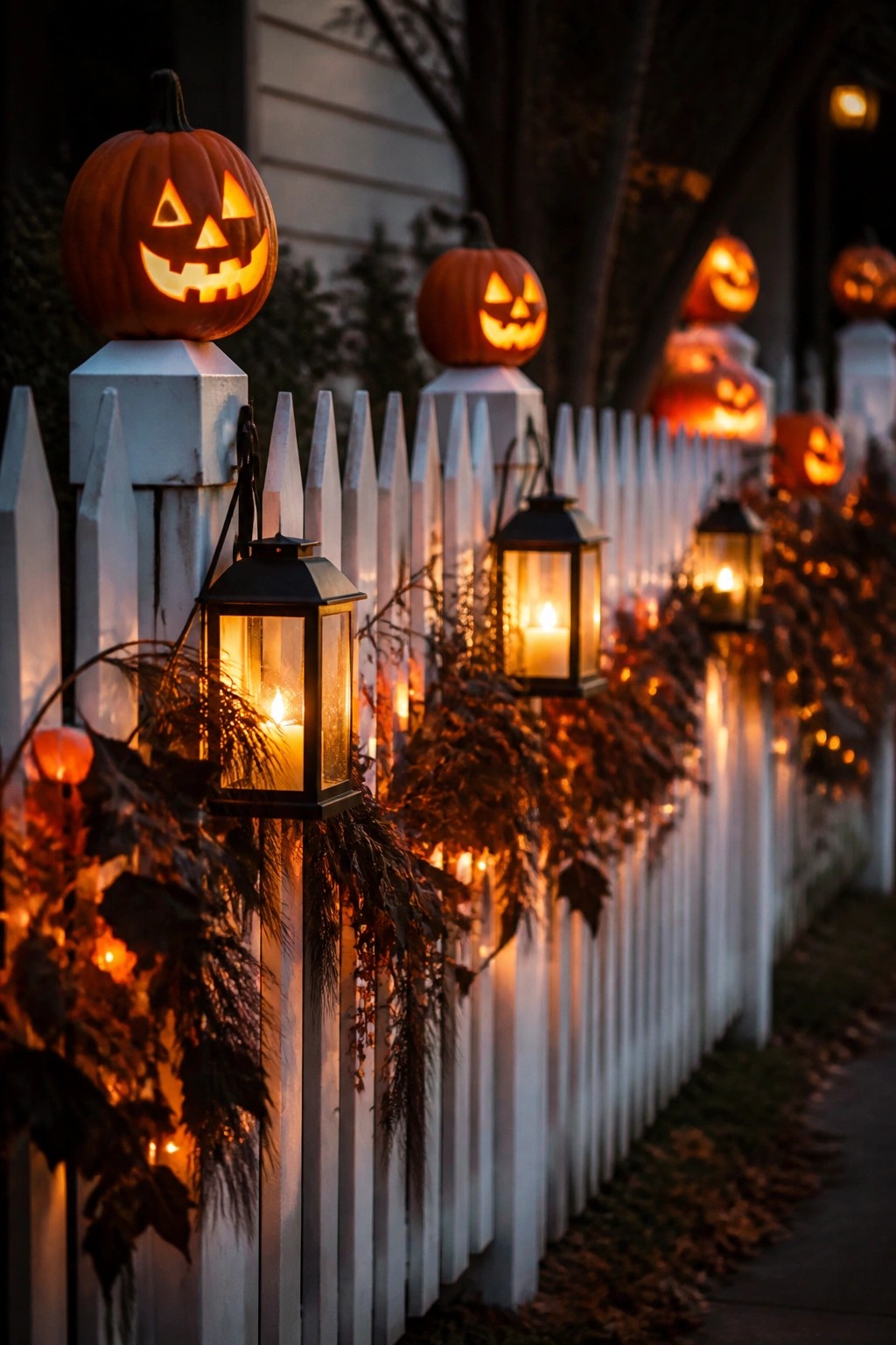 White picket fence with glowing jack-o'-lanterns on posts and black lanterns holding candles along the top rail.