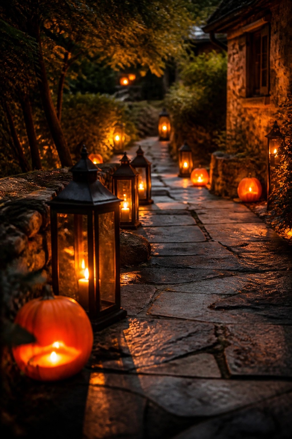 A stone outdoor walkway lined with black lanterns and carved pumpkins glowing from candles at night.