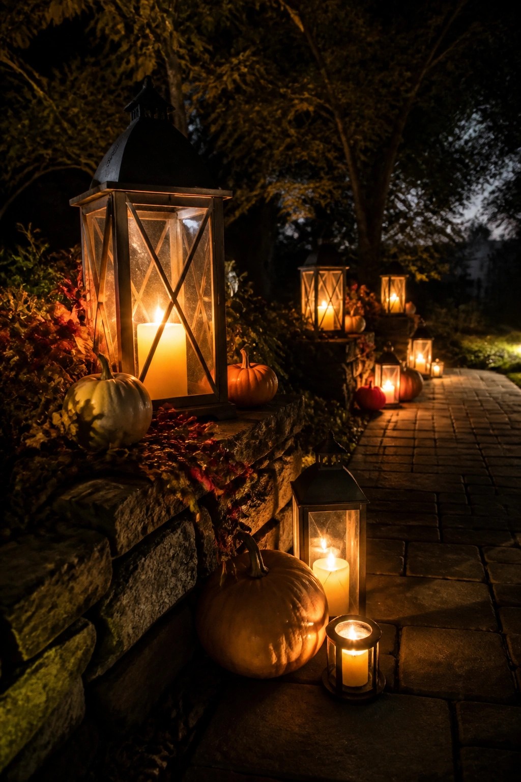 Outdoor stone walkway lined with glowing black lanterns and orange pumpkins at night.