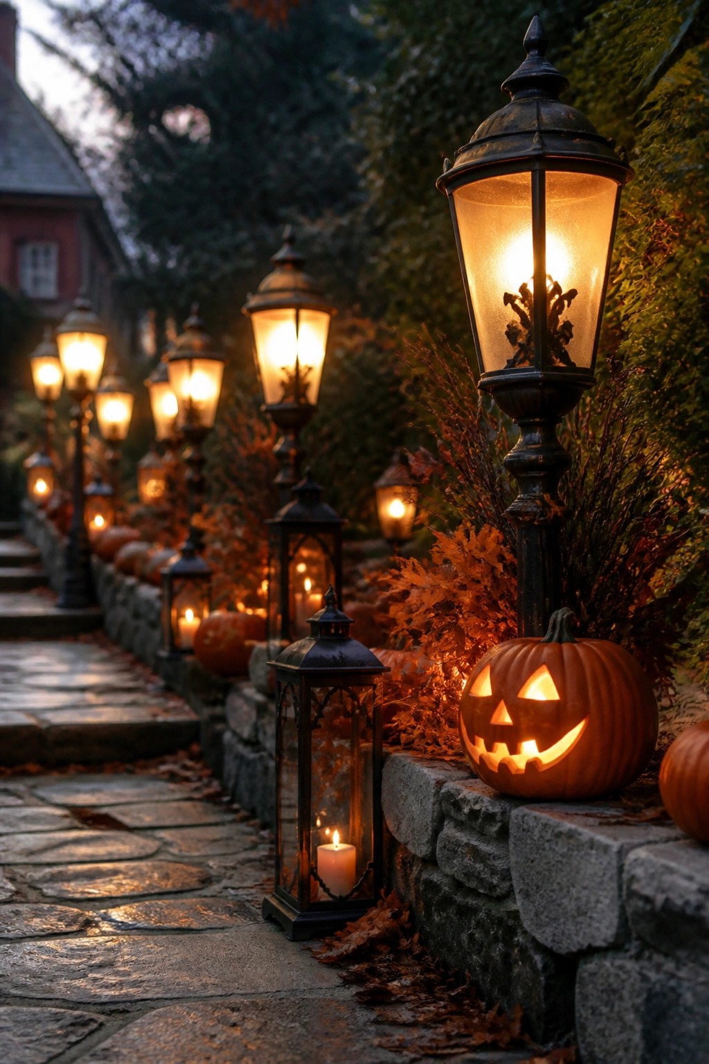 Stone walkway lined with glowing black lanterns and a carved jack o lantern on a low stone wall at dusk.