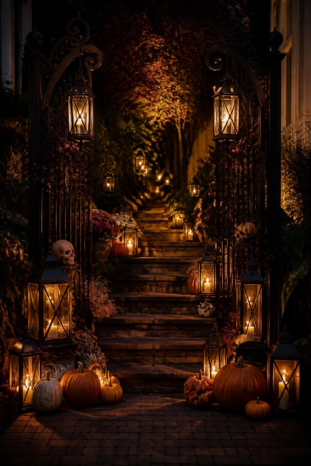 Stone staircase lined with glowing black lanterns on both sides of an ornate metal gate, with pumpkins placed at the bottom.