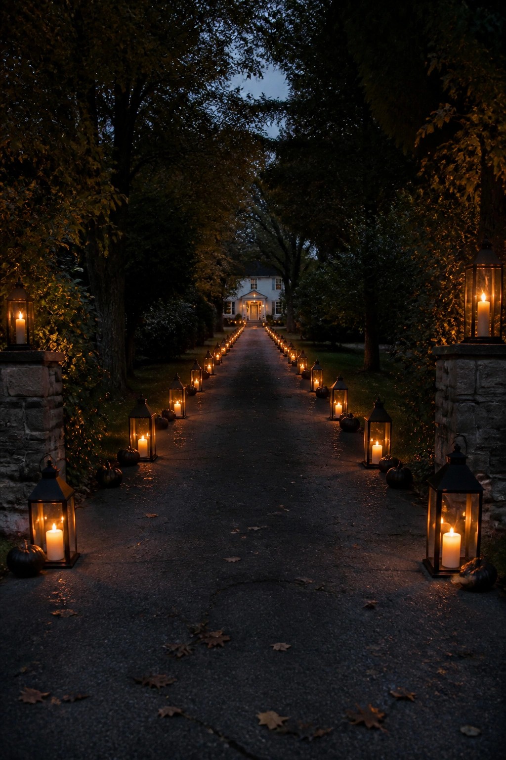 Lanterns with candles and pumpkins line a dark path to a house at dusk.