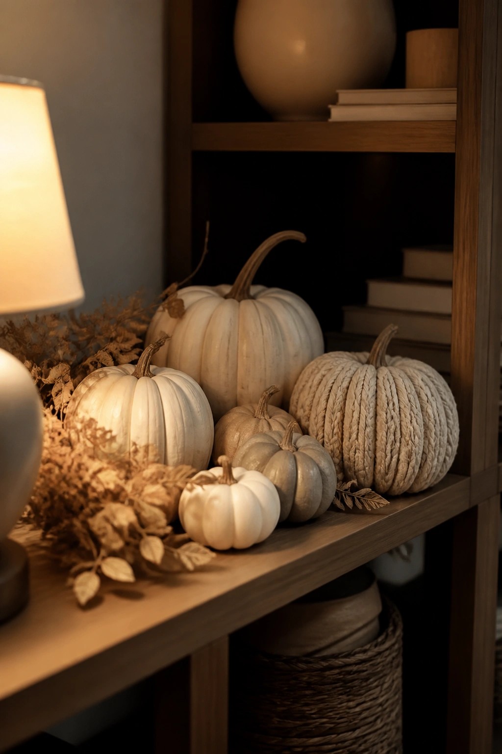 Wooden shelf with an assortment of white and beige carved pumpkins in different sizes and textures arranged beside a lit lamp.