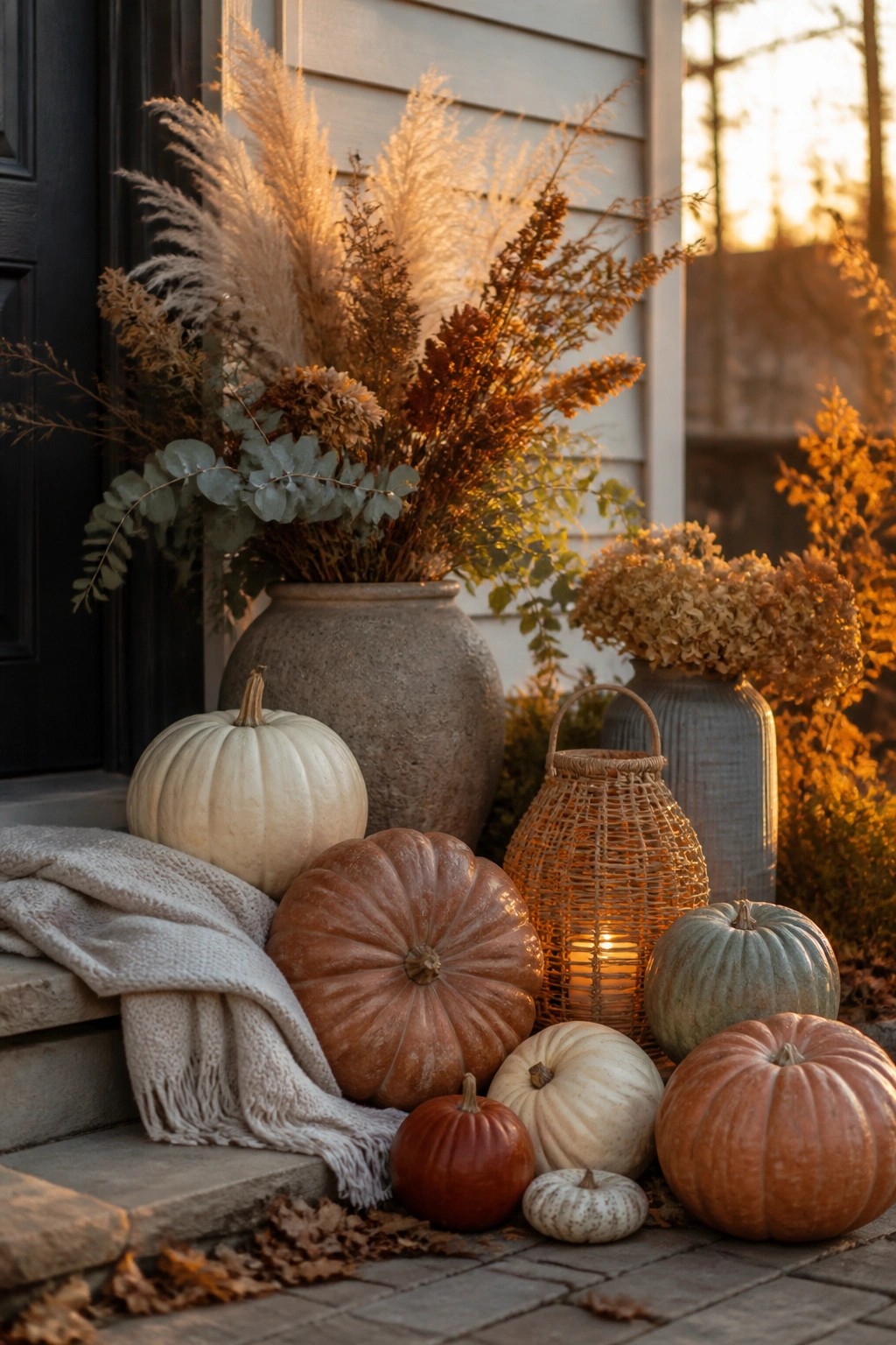 Front steps lined with white, orange, and green pumpkins of various sizes next to a woven lantern and large vases of dried grasses.