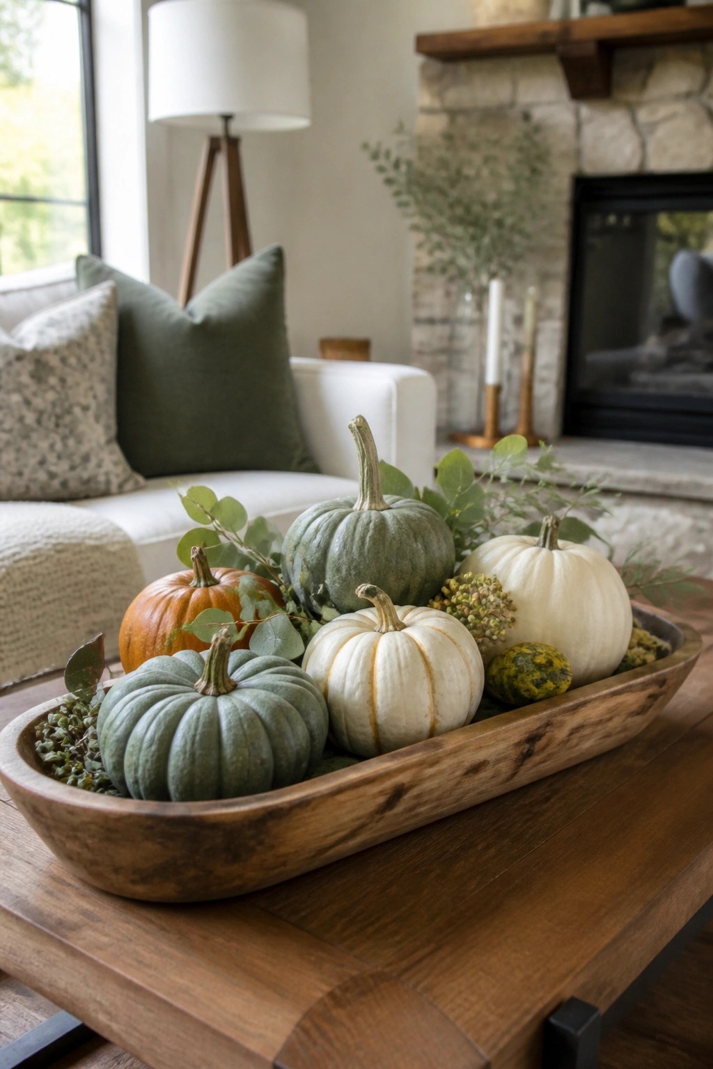 A wooden tray holding several whole pumpkins in orange, white, and green shades sits on a living room coffee table.