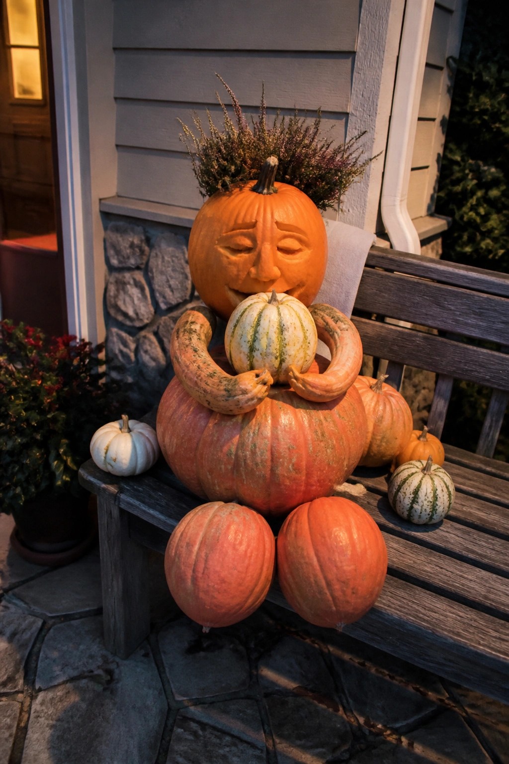 Front porch bench with a large carved pumpkin figure that has a smiling face, gourd arms, and stacked pumpkins forming a seated shape.