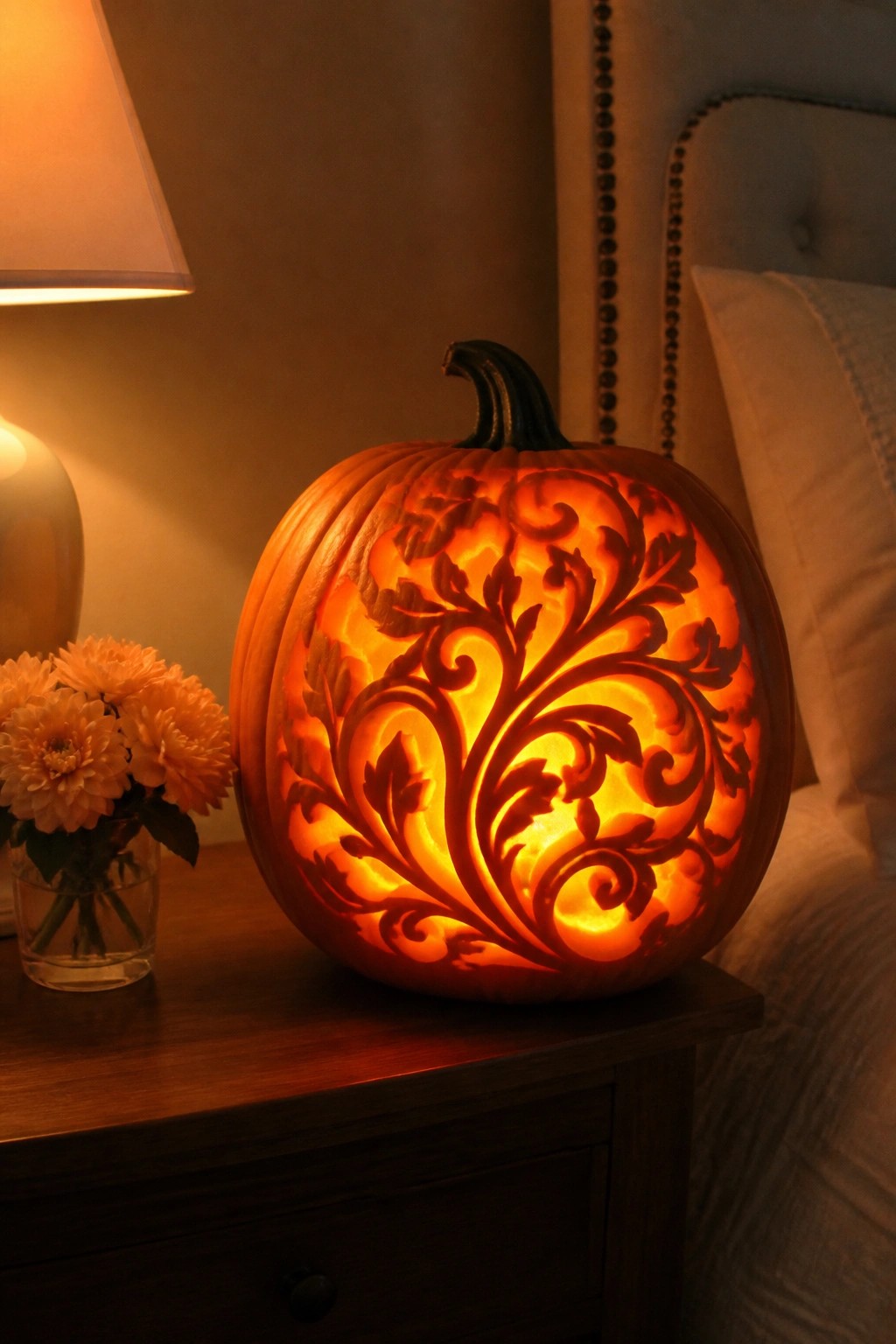 Glowing intricately carved pumpkin with floral swirls on wooden nightstand beside flowers
