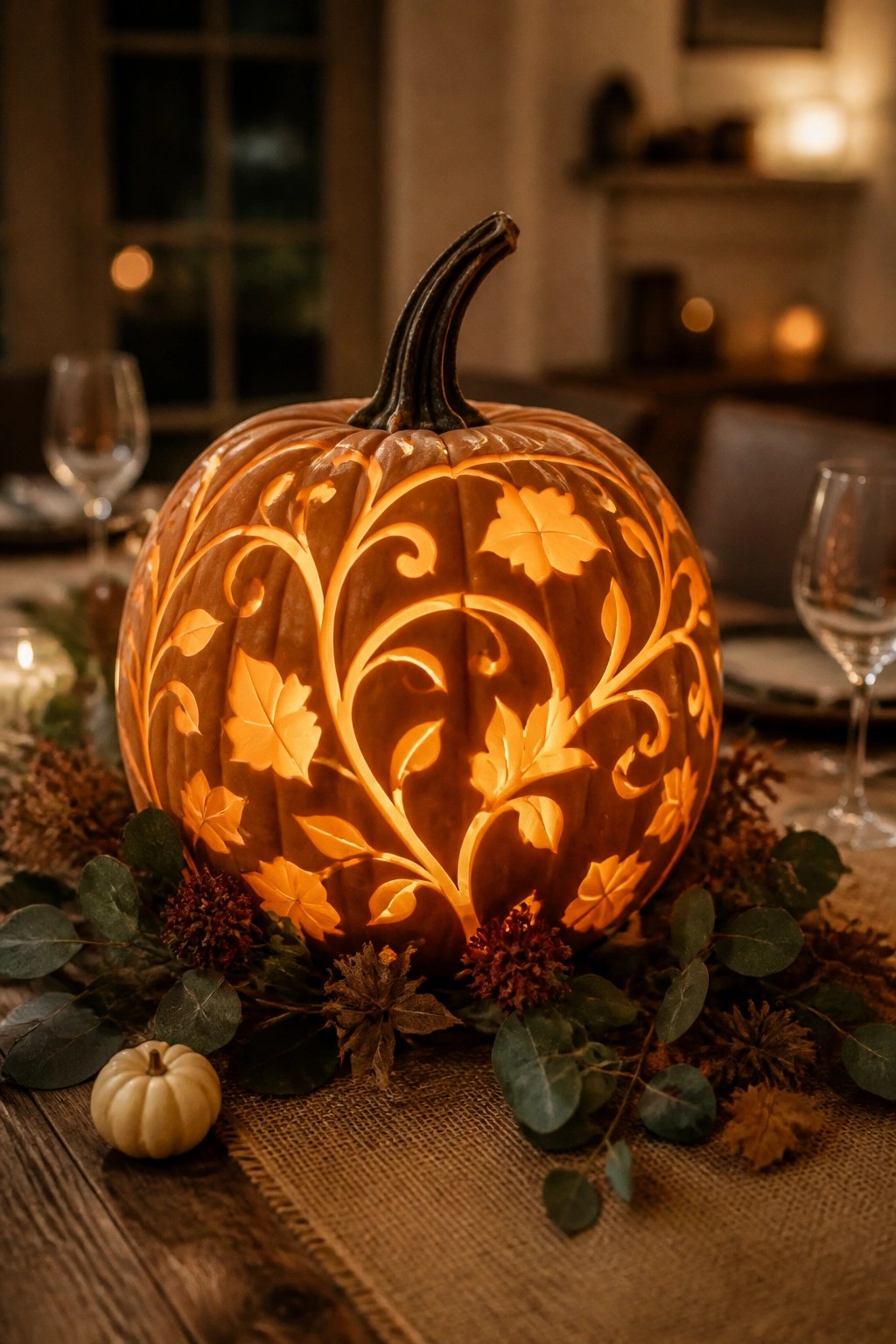 A large pumpkin carved with leaf and vine patterns glows on a burlap runner as a dining table centerpiece.