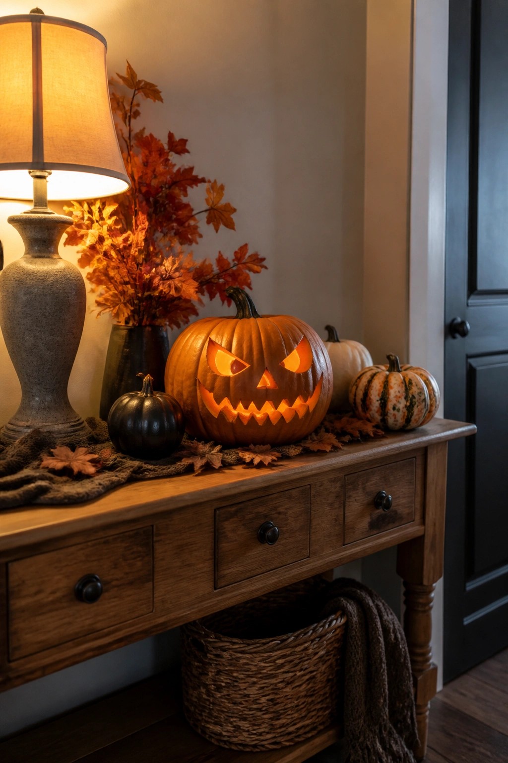 Wooden table with glowing jack-o'-lantern, small pumpkins, autumn leaves, and lamp.