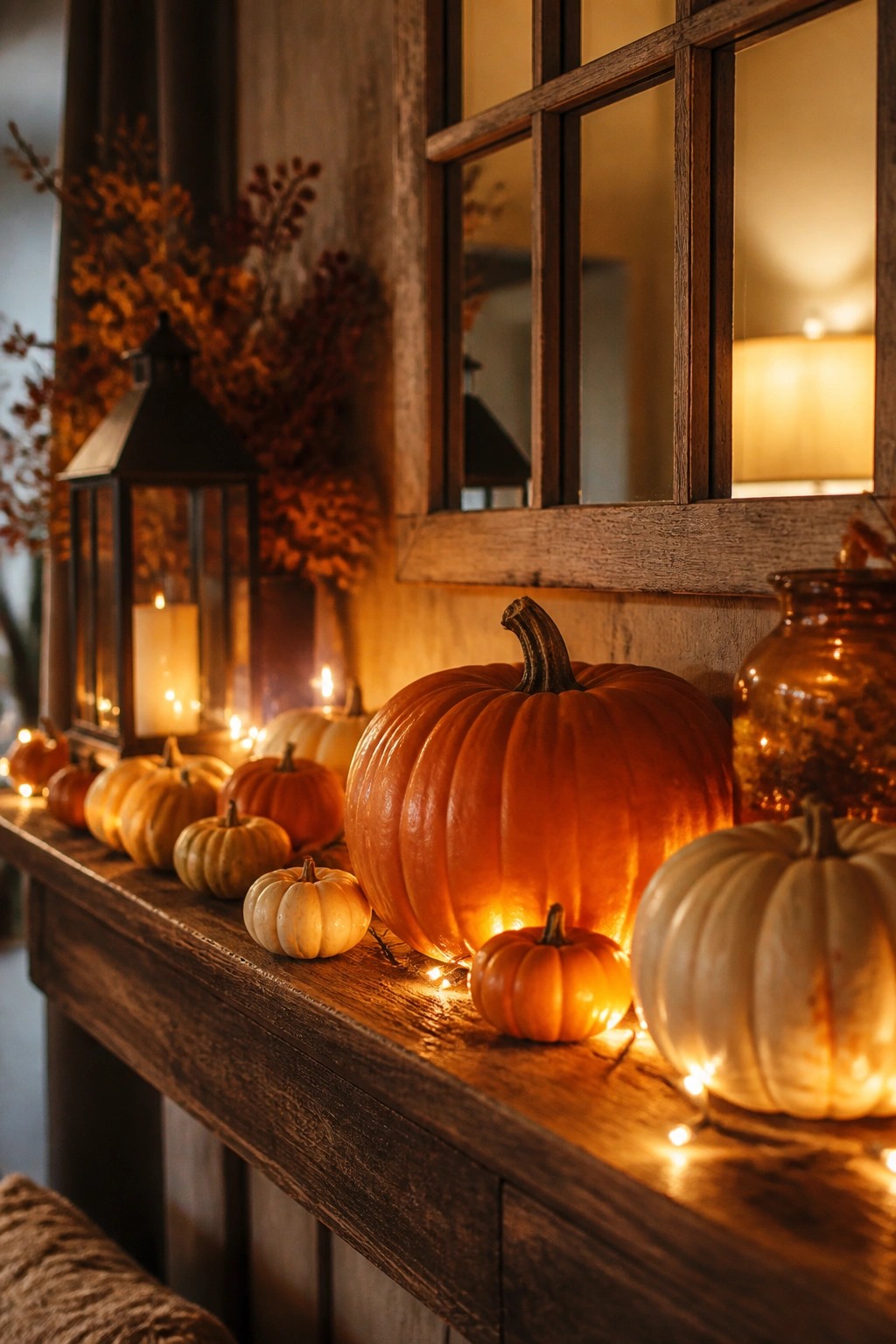 Wooden mantel decorated with multiple carved pumpkins in orange and white tones, lit from within with string lights and flanked by dark lanterns.