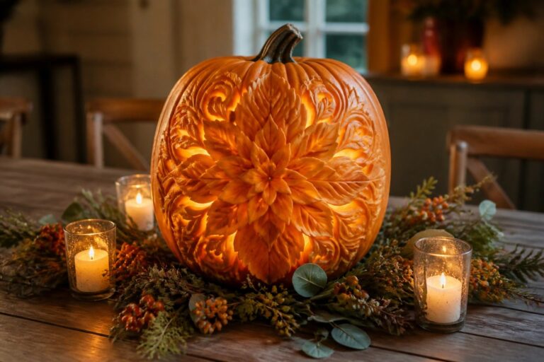 A large pumpkin carved with leaf and vine patterns glows on a burlap runner as a dining table centerpiece.