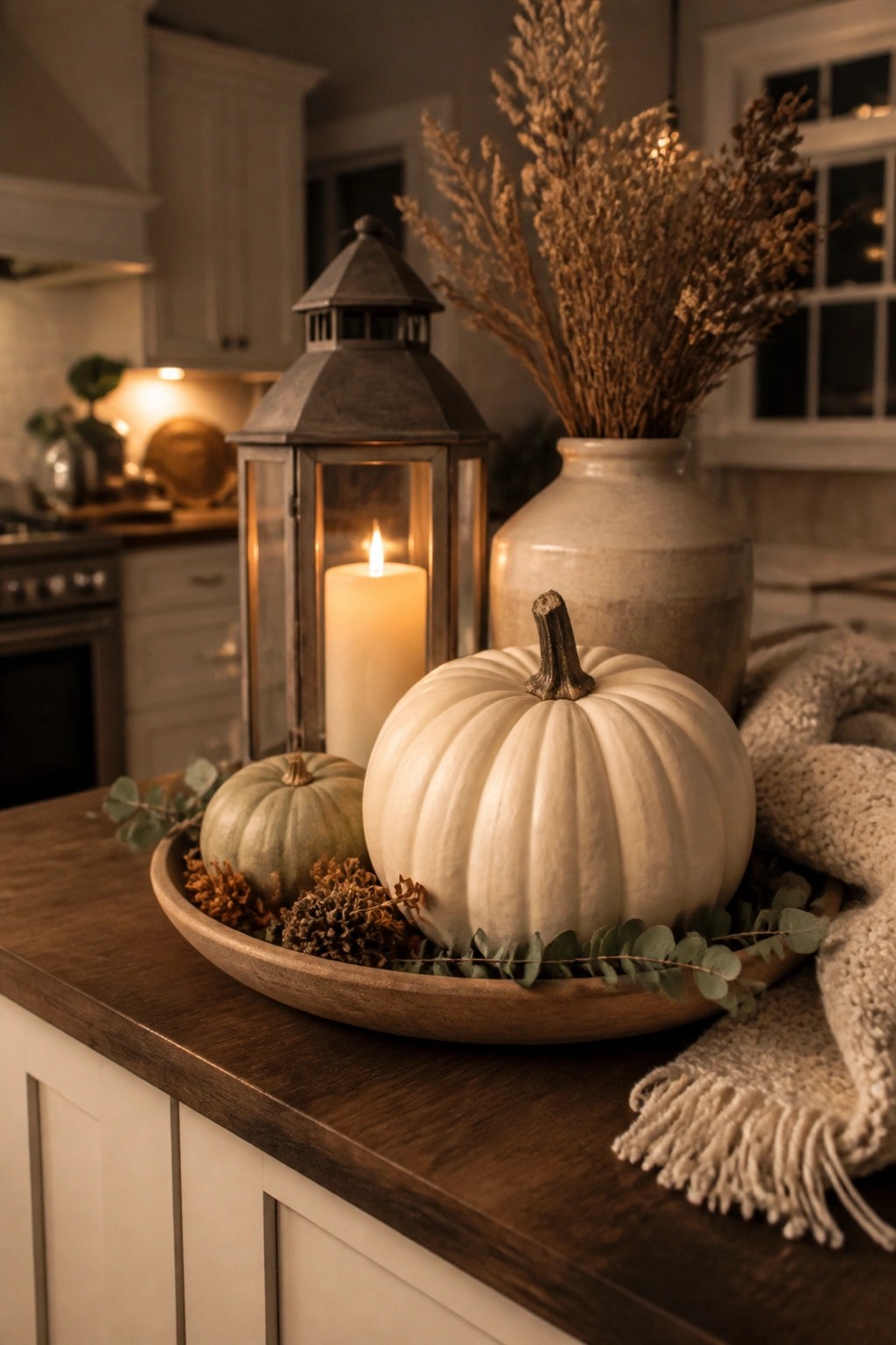 Kitchen countertop tray holding white and green pumpkins with dried foliage and a lit metal lantern.