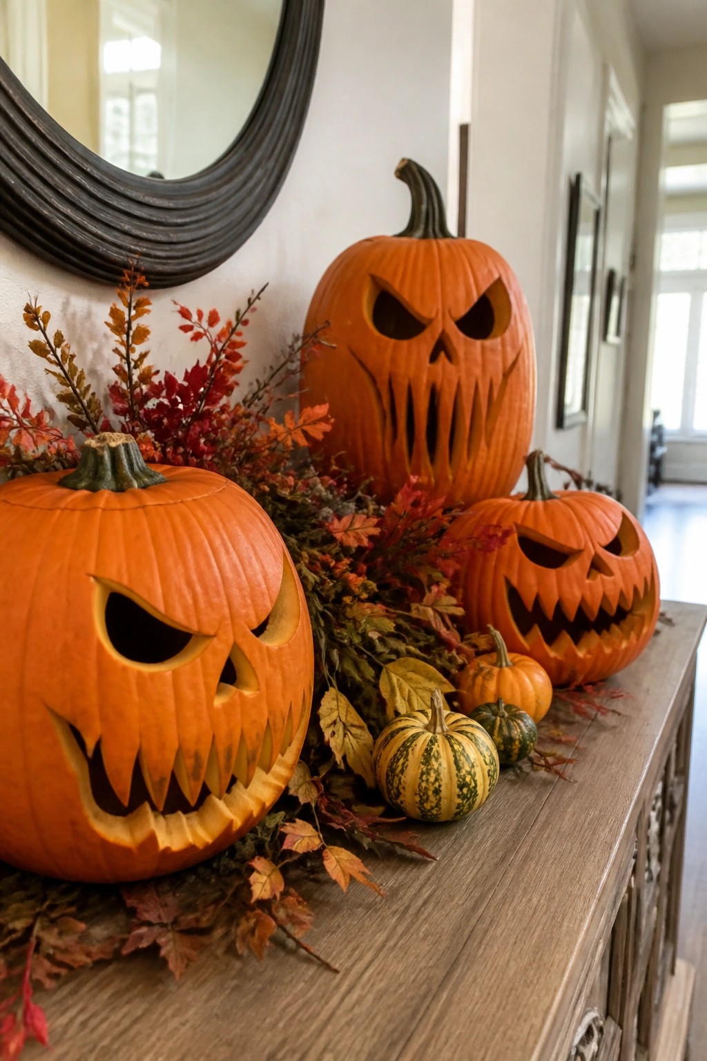 Three jack-o'-lanterns with carved angry faces amid autumn leaves on wooden console