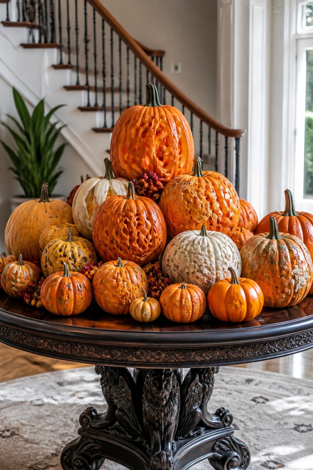 Round table piled with carved orange and white pumpkins near staircase