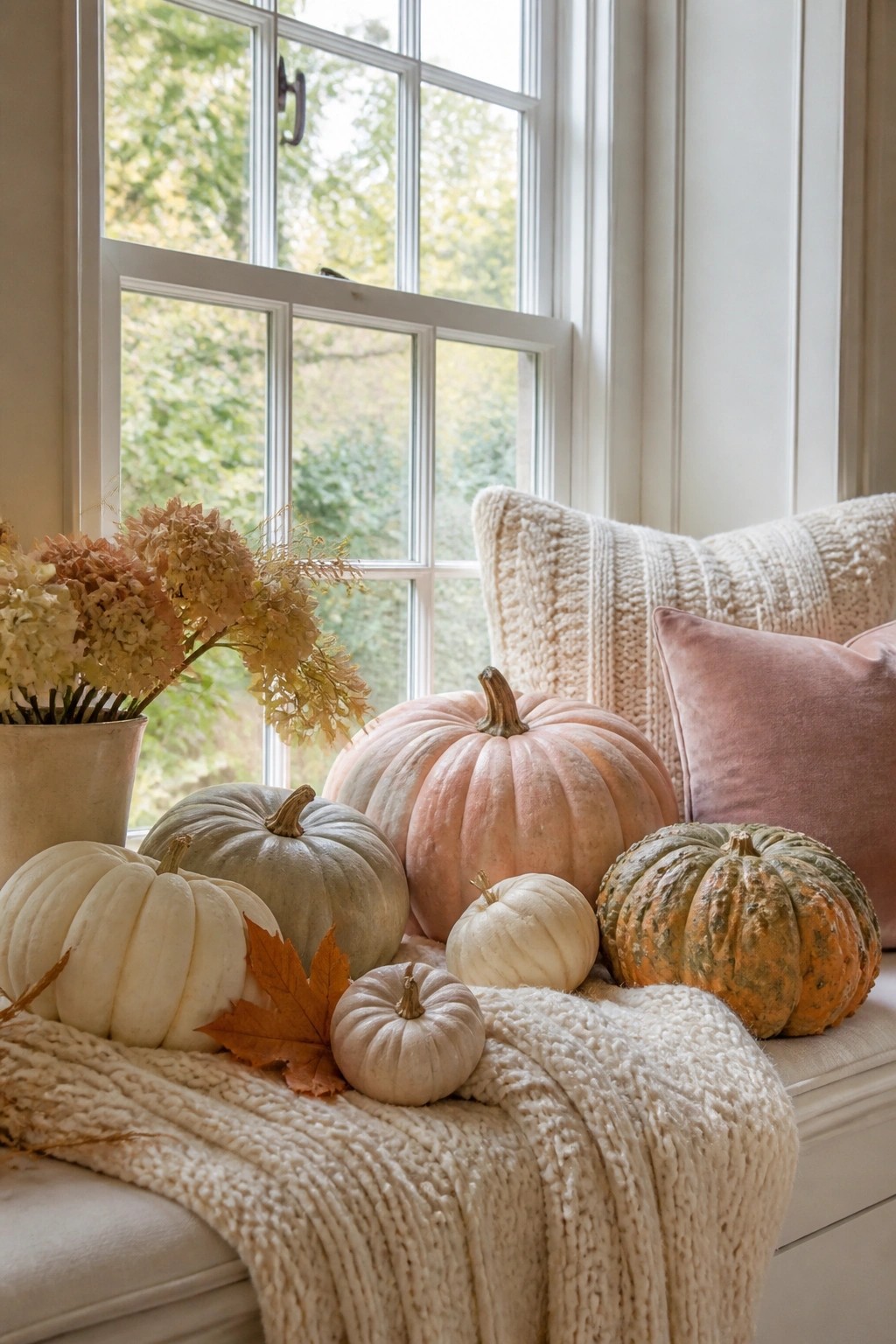Window bench lined with white, green, peach, and orange pumpkins of varying sizes next to a knitted blanket and dried flowers.