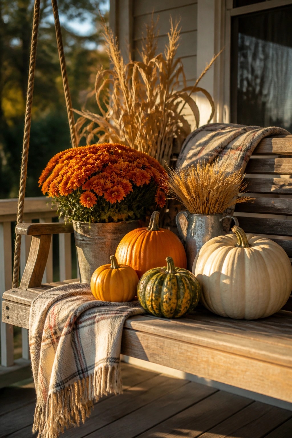 Wooden porch swing holding several whole pumpkins in orange, white, and green-striped varieties along with a pot of orange mums and bundles of dried wheat.
