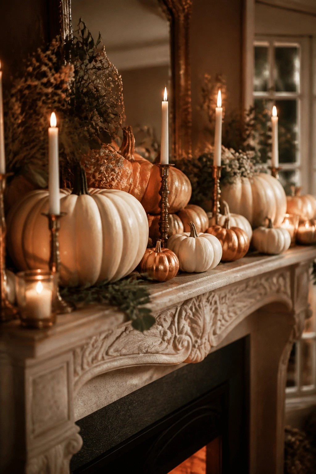 Fireplace mantel arranged with white, orange, and metallic pumpkins of varying sizes alongside tall white candles in brass holders.