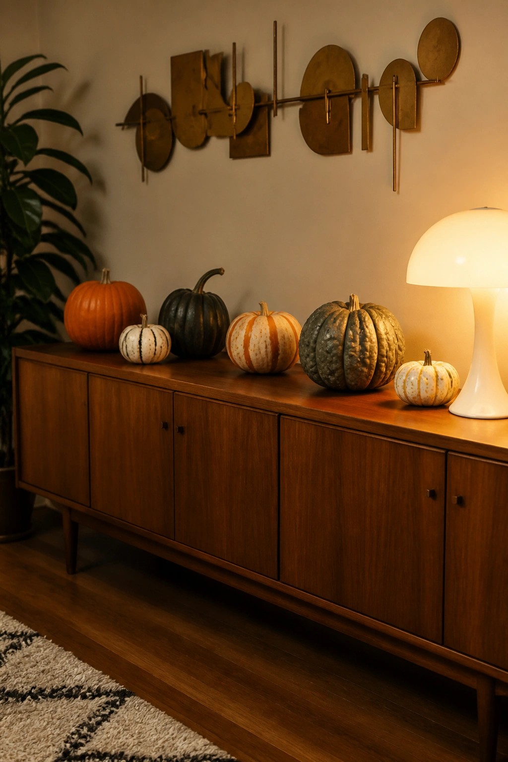Wooden mid-century sideboard with assorted pumpkins, white lamp, and brass wall sculpture.