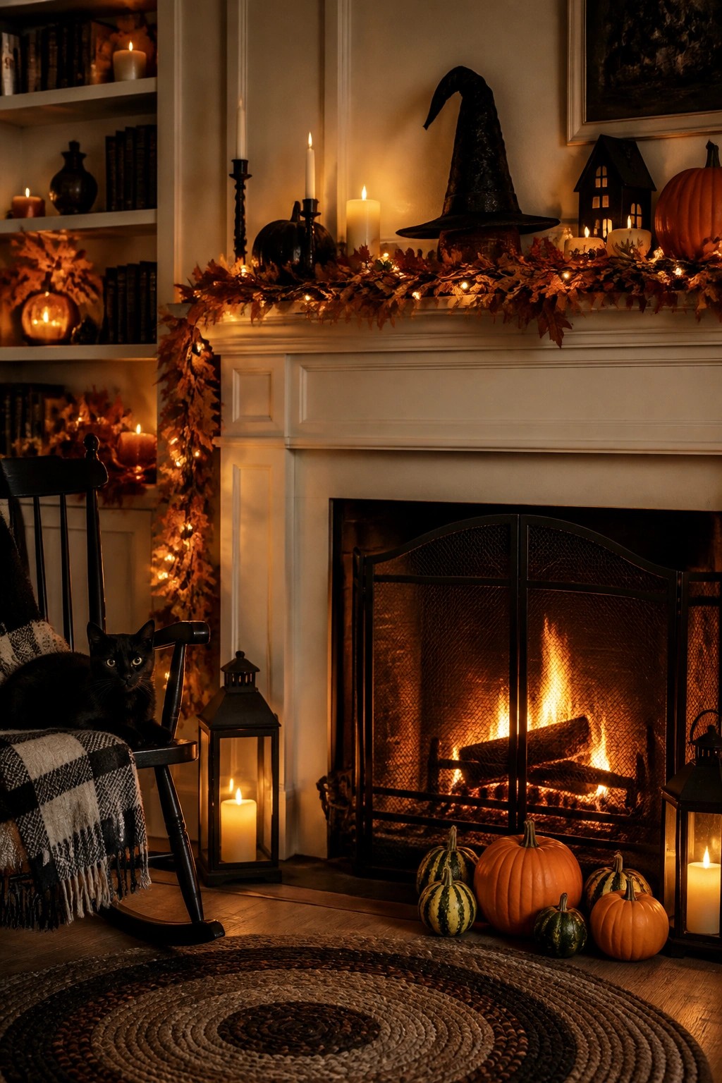 White fireplace mantel with a black witch hat, lit autumn garland, candles, and pumpkins arranged for Halloween.