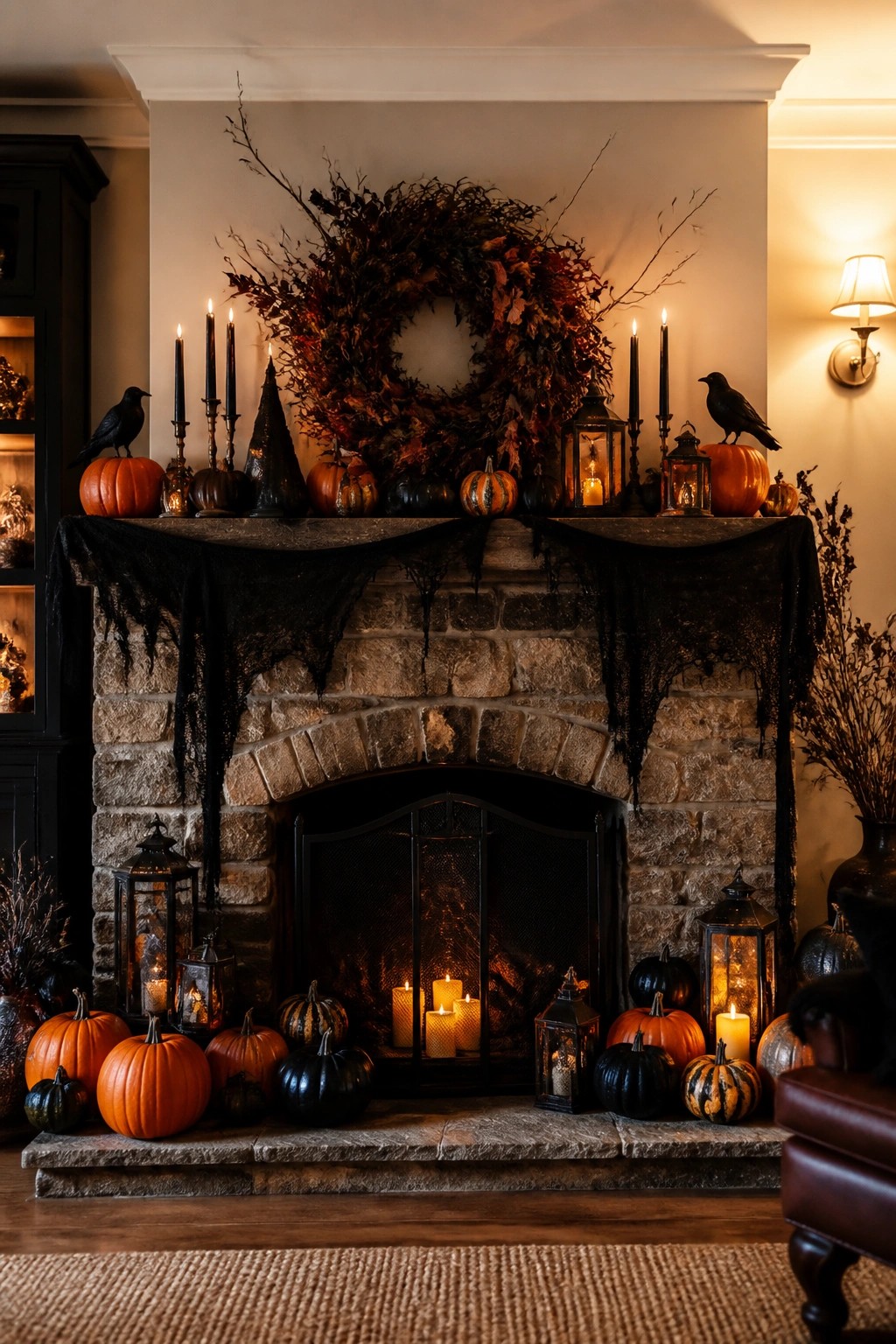 A stone fireplace mantel styled for Halloween with black lace fabric, lit candles, lanterns, black crows, and pumpkins.