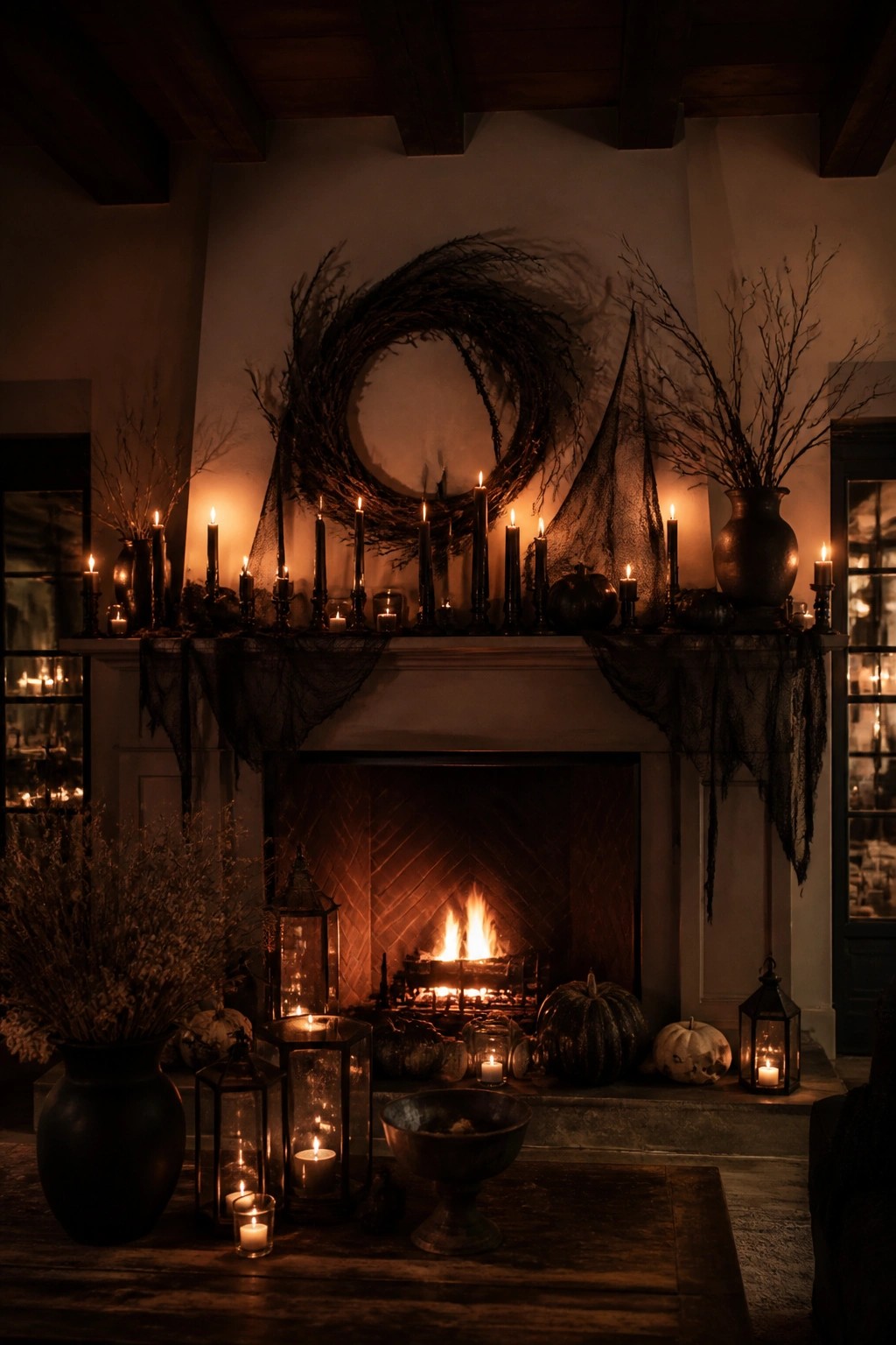 Gothic fireplace with black candles, pumpkins, wreath, lanterns, and crackling fire in darkness