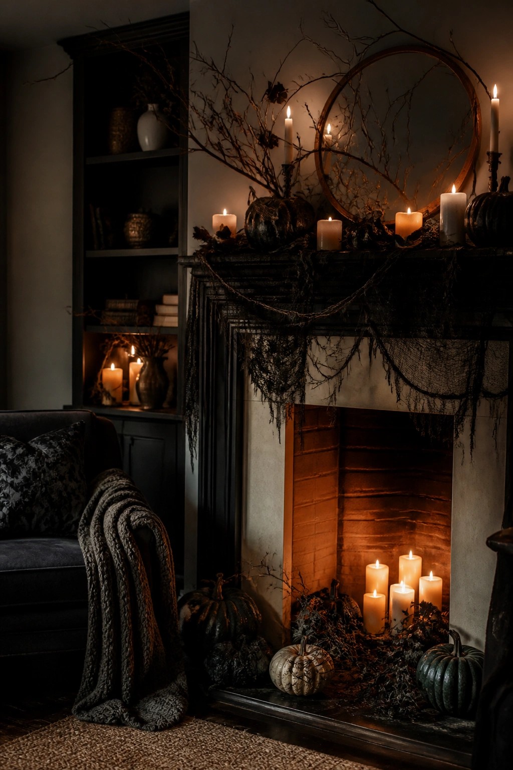 Dark fireplace mantel with lit candles, black pumpkins, and twig garlands.