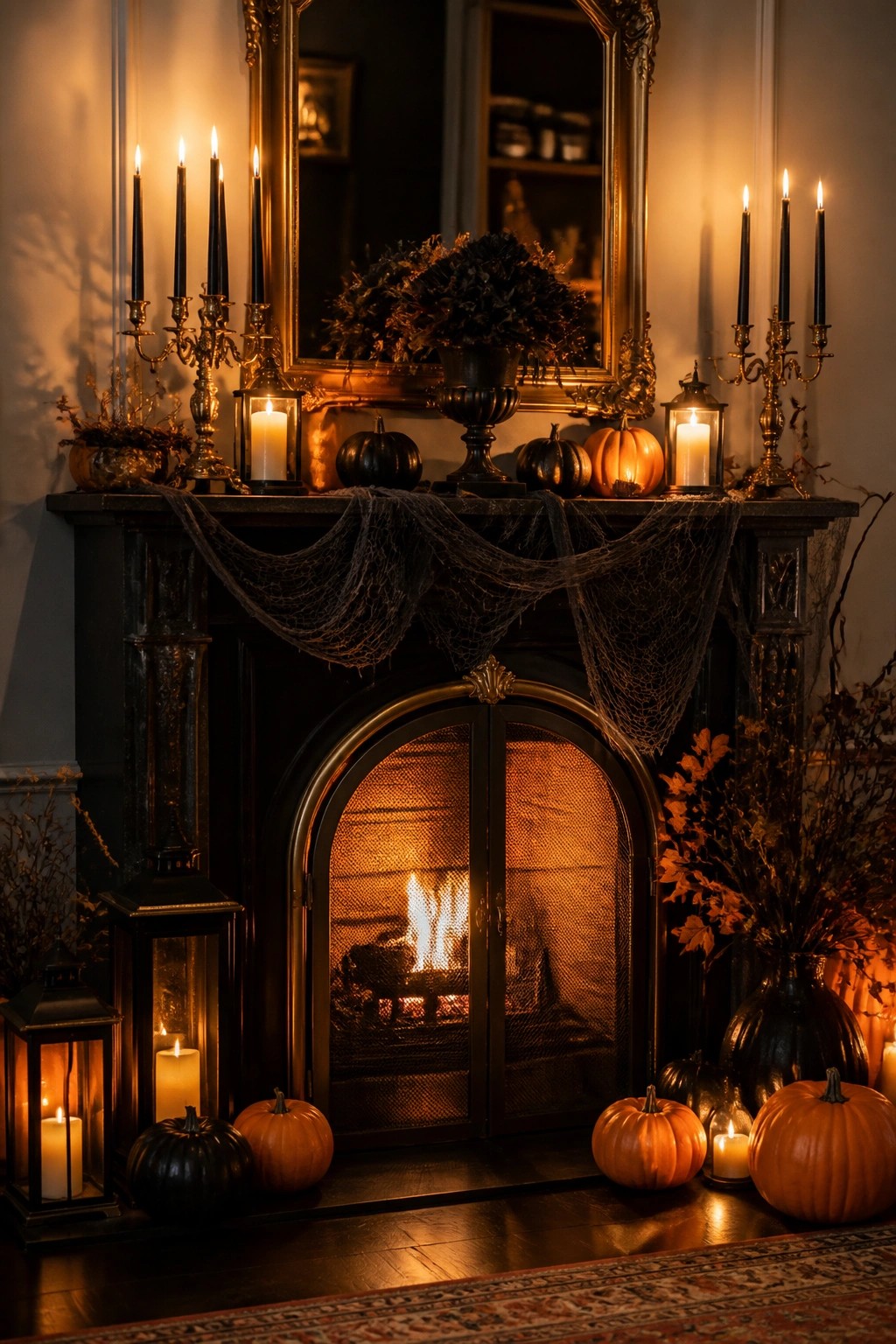 Fireplace mantel decorated with black spiderweb fabric, black and orange pumpkins, candelabras, and lanterns.