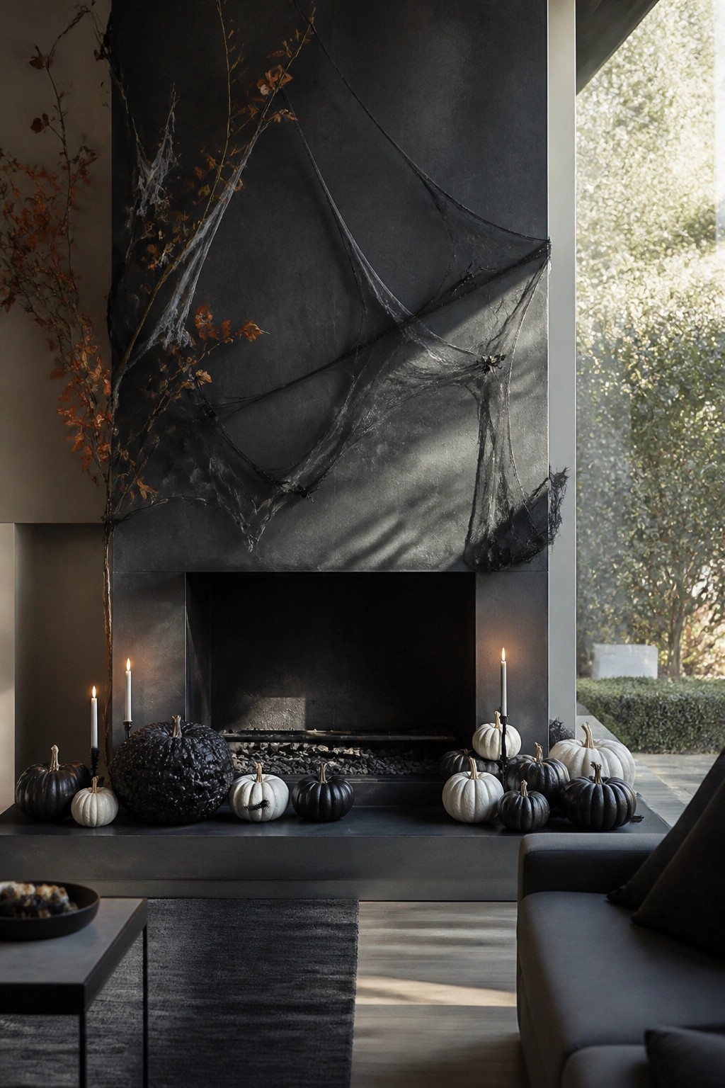 Dark fireplace with large black spiderwebs stretched across the wall above the opening and black and white pumpkins lined up on the hearth.