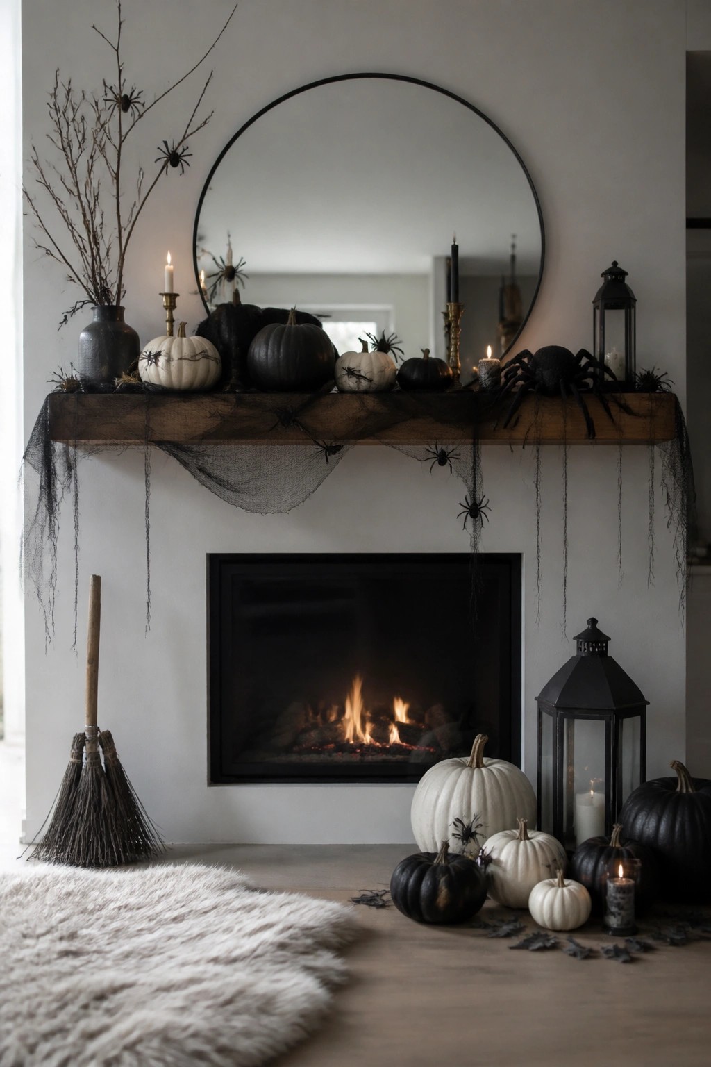 Halloween fireplace mantel with black and white pumpkins, spiders, candles, and broom.