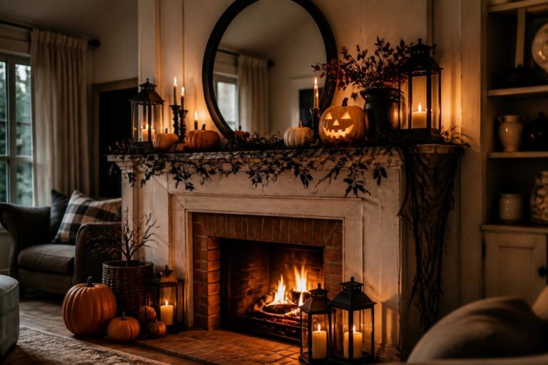 White fireplace mantel decorated with black bat cutouts, a lit autumn garland, pumpkins, and lanterns on either side of the firebox.