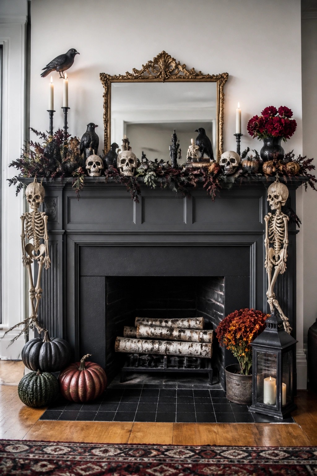 A dark fireplace mantel styled with two standing skeletons on either side, multiple skulls, black crows, and a mixed garland across the top.